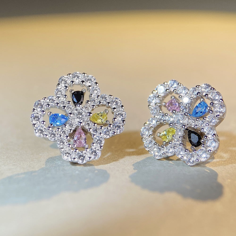 Sterling Silver Clover Diamond Ear Studs