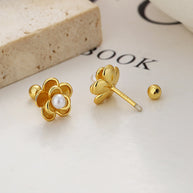 Sterling Silver Flower Pearl Ear Studs