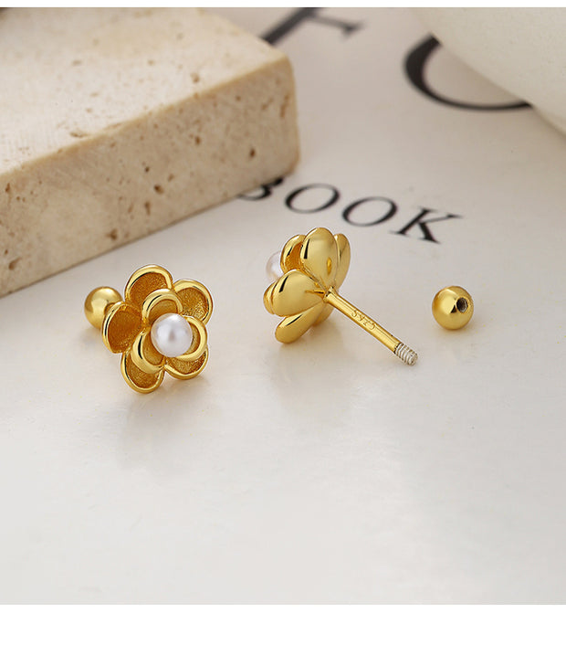 Sterling Silver Flower Pearl Ear Studs