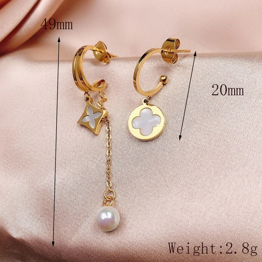 1 Pair Elegant Simple Style Commute Four Leaf Clover Inlay 304 Stainless Steel Acrylic Imitation Pearl 18K Gold Plated Ear Studs - My Store