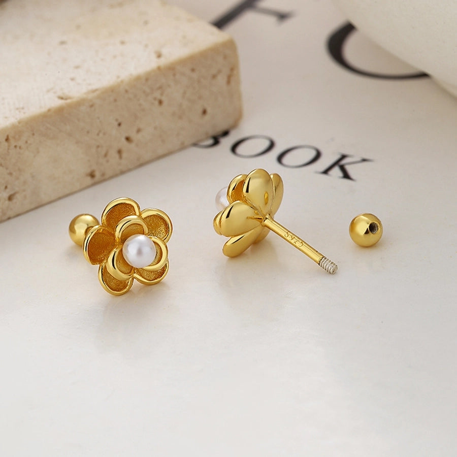 Sterling Silver Flower Pearl Ear Studs