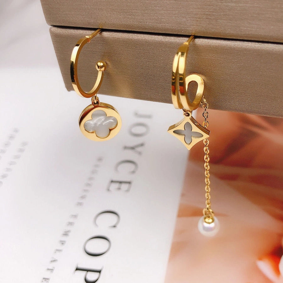 1 Pair Elegant Simple Style Commute Four Leaf Clover Inlay 304 Stainless Steel Acrylic Imitation Pearl 18K Gold Plated Ear Studs - My Store