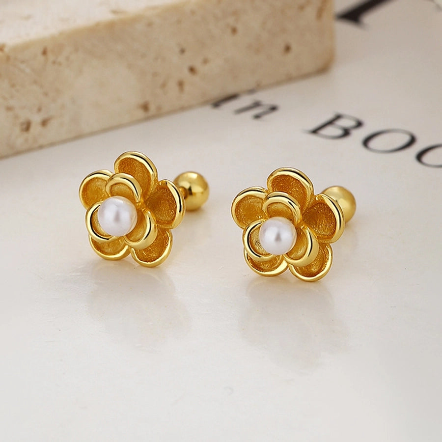 Sterling Silver Flower Pearl Ear Studs