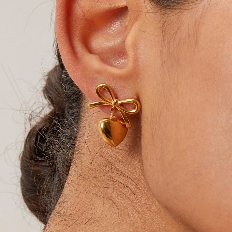 Heart-Bow Gold Drop Earrings - My Store