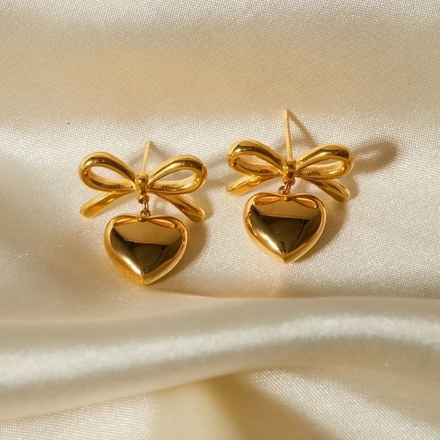 Heart-Bow Gold Drop Earrings - My Store