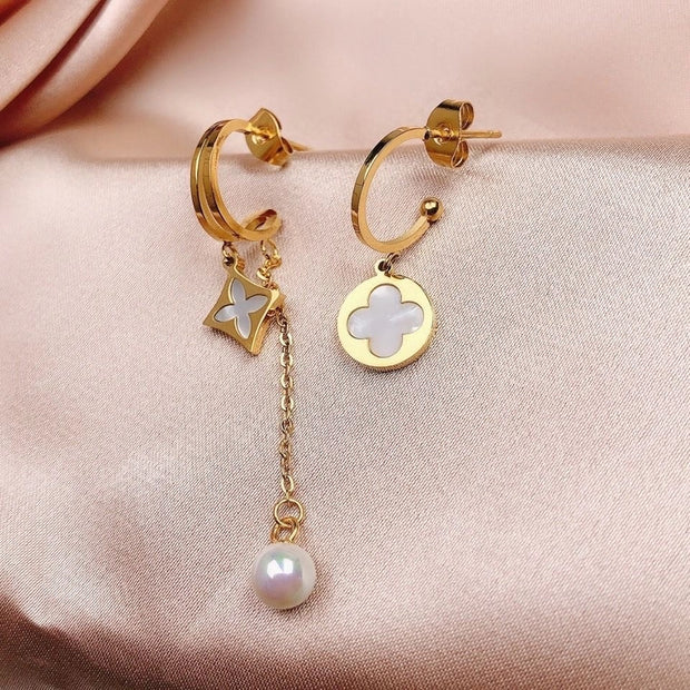 1 Pair Elegant Simple Style Commute Four Leaf Clover Inlay 304 Stainless Steel Acrylic Imitation Pearl 18K Gold Plated Ear Studs - My Store