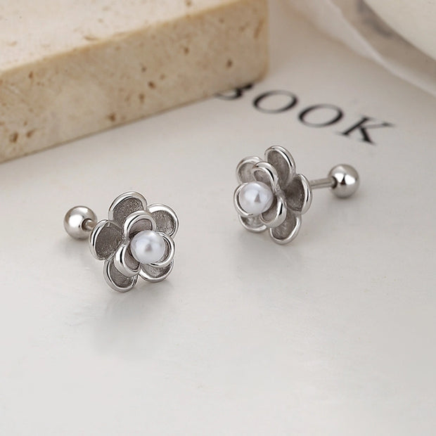 Sterling Silver Flower Pearl Ear Studs